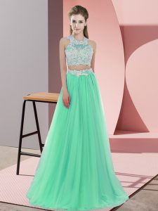 Traditional Halter Top Sleeveless Damas Dress Floor Length Lace Apple Green Tulle