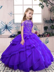 Sleeveless Organza Floor Length Lace Up Little Girl Pageant Gowns in Purple with Beading and Ruffled Layers