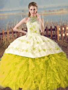 Yellow Green and Yellow Sleeveless Embroidery and Ruffles Lace Up Sweet 16 Dresses