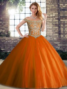 Orange Red Tulle Lace Up Off The Shoulder Sleeveless Quinceanera Dress Brush Train Beading