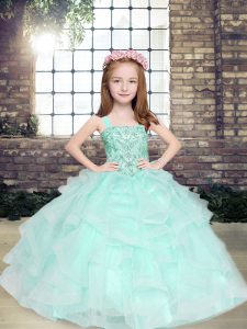Inexpensive Apple Green Ball Gowns Beading and Ruffles Kids Pageant Dress Lace Up Tulle Sleeveless Floor Length