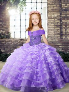 Straps Sleeveless Little Girls Pageant Dress Wholesale Brush Train Beading and Ruffled Layers Lavender Organza