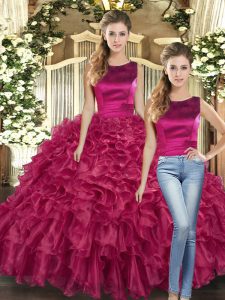 Best Selling Fuchsia Lace Up Quinceanera Gowns Ruffles Sleeveless Floor Length