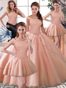 Perfect Lace Up Quinceanera Gowns Peach for Military Ball and Sweet 16 and Quinceanera with Beading Brush Train