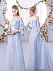 Shining 3 4 Length Sleeve Floor Length Lace Lace Up Quinceanera Court Dresses with Grey