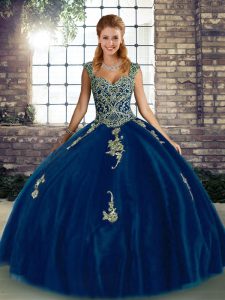 Royal Blue Ball Gowns Beading and Appliques Quinceanera Dresses Lace Up Tulle Sleeveless Floor Length