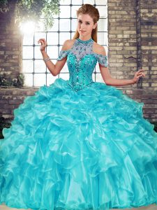 Wonderful Organza Halter Top Sleeveless Lace Up Beading and Ruffles Quinceanera Dresses in Aqua Blue