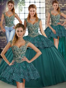 Exquisite Floor Length Green Quinceanera Dresses Tulle Sleeveless Beading and Appliques