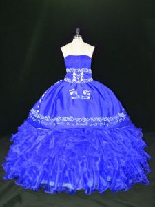 Sleeveless Organza Floor Length Lace Up 15th Birthday Dress in Blue with Embroidery and Ruffles
