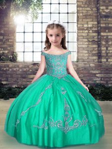 Turquoise Tulle Lace Up Off The Shoulder Sleeveless Floor Length Kids Formal Wear Beading