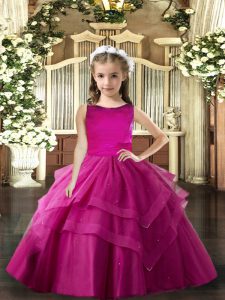 Beautiful Sleeveless Floor Length Ruffled Layers Lace Up Pageant Dress for Teens with Fuchsia
