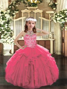 Halter Top Sleeveless Little Girls Pageant Gowns Floor Length Beading and Ruffles Hot Pink Tulle