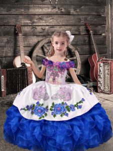 Beautiful Royal Blue Lace Up Off The Shoulder Beading and Embroidery and Ruffles Little Girls Pageant Dress Organza Sleeveless