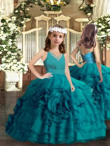 Customized Floor Length Teal Kids Formal Wear Organza Sleeveless Ruffled Layers and Hand Made Flower