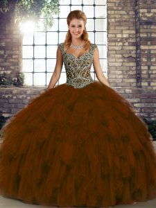 Extravagant Beading and Ruffles Military Ball Dresses For Women Brown Lace Up Sleeveless Floor Length