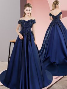 Navy Blue Ball Gown Prom Dress Off The Shoulder Sleeveless Lace Up