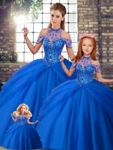 Dynamic Brush Train Ball Gowns Sweet 16 Dress Blue Halter Top Tulle Sleeveless Lace Up