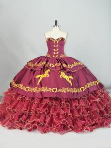 Delicate Burgundy Quinceanera Dress Sweet 16 and Quinceanera with Embroidery and Ruffled Layers Sweetheart Sleeveless Brush Train Lace Up