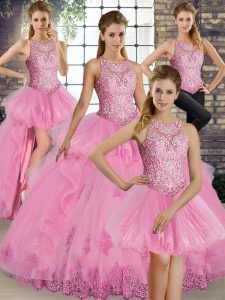 Stunning Rose Pink Quinceanera Dress Military Ball and Sweet 16 and Quinceanera with Lace and Embroidery and Ruffles Scoop Sleeveless Lace Up