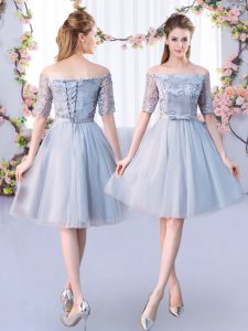Short Sleeves Knee Length Lace and Belt Lace Up Court Dresses for Sweet 16 with Grey