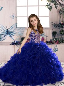 Perfect Organza Scoop Sleeveless Lace Up Beading and Ruffles Pageant Gowns in Royal Blue