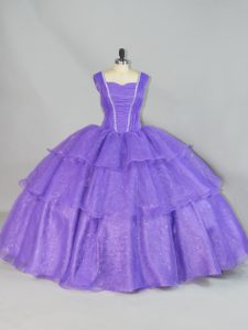 Lavender Organza Lace Up Sweet 16 Dress Sleeveless Floor Length Beading and Ruffled Layers