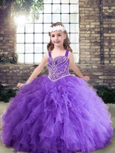 Popular Ball Gowns Girls Pageant Dresses Lavender and Purple Straps Tulle Sleeveless Floor Length Lace Up