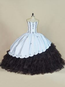 Gorgeous White And Black Sweetheart Neckline Embroidery and Ruffled Layers Quince Ball Gowns Sleeveless Lace Up