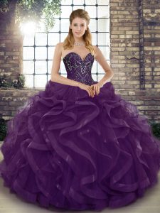 Trendy Sweetheart Sleeveless Quinceanera Gown Floor Length Beading and Ruffles Dark Purple Tulle