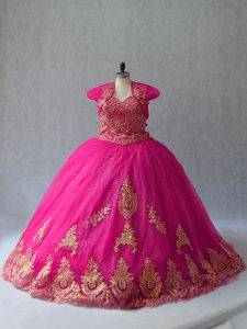 Elegant Hot Pink Sleeveless Court Train Appliques Quinceanera Dress