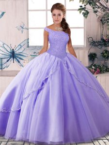 Lovely Lavender Quinceanera Dresses Military Ball and Sweet 16 and Quinceanera with Beading Off The Shoulder Sleeveless Brush Train Lace Up
