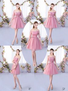 Super Pink Half Sleeves Tulle Lace Up Quinceanera Court of Honor Dress for Wedding Party