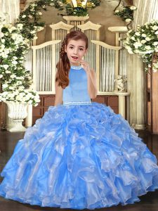 Hot Sale Baby Blue Sleeveless Beading and Ruffles Floor Length Pageant Gowns For Girls