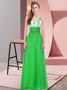 Sleeveless Chiffon Floor Length Backless Quinceanera Court of Honor Dress in Green with Appliques