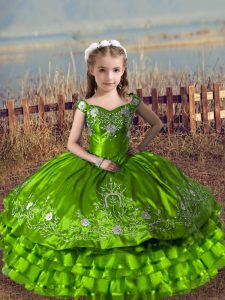 Charming Ball Gowns Off The Shoulder Sleeveless Satin and Organza Floor Length Lace Up Embroidery and Ruffled Layers Custom Made Pageant Dress