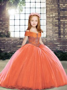 Orange Red Tulle Lace Up Pageant Dress for Womens Sleeveless Floor Length Beading