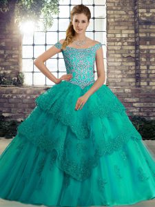 Glamorous Off The Shoulder Sleeveless Brush Train Lace Up 15 Quinceanera Dress Turquoise Tulle