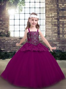 Fuchsia Tulle Lace Up Straps Sleeveless Floor Length Child Pageant Dress Beading