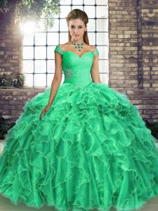 Dazzling Turquoise Off The Shoulder Neckline Beading and Ruffles Quinceanera Dresses Sleeveless Lace Up