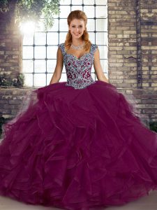 Pretty Straps Sleeveless Ball Gown Prom Dress Floor Length Beading and Ruffles Fuchsia Tulle