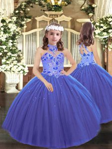 Blue Halter Top Lace Up Appliques Girls Pageant Dresses Sleeveless