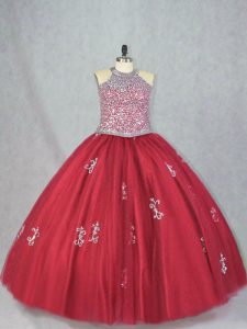 Ideal Red Halter Top Lace Up Beading and Appliques Ball Gown Prom Dress Sleeveless