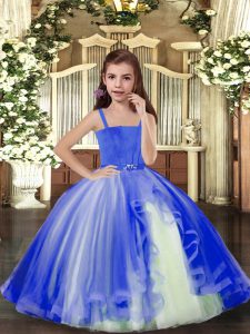 Eye-catching Blue Ball Gowns Beading Pageant Dress for Girls Lace Up Tulle Sleeveless Floor Length