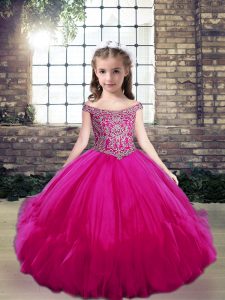 Fuchsia Ball Gowns Off The Shoulder Sleeveless Tulle Floor Length Lace Up Beading Pageant Dress for Girls