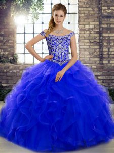 Royal Blue Sleeveless Tulle Brush Train Lace Up Quince Ball Gowns for Military Ball and Sweet 16 and Quinceanera