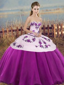Tulle Sweetheart Sleeveless Lace Up Embroidery and Bowknot Quinceanera Dress in White And Purple