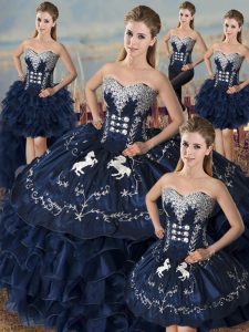 Floor Length Lace Up Vestidos de Quinceanera Navy Blue for Sweet 16 and Quinceanera with Embroidery and Ruffles
