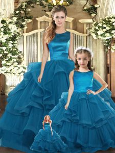 Noble Floor Length Teal Quinceanera Gown Scoop Sleeveless Lace Up