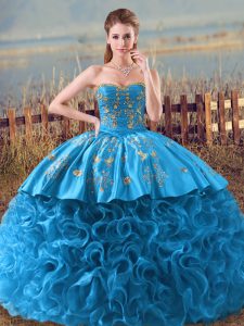 Floor Length Lace Up Quinceanera Dress Baby Blue for Sweet 16 and Quinceanera with Embroidery and Ruffles Brush Train