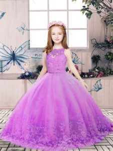 Floor Length Lilac Child Pageant Dress Sleeveless Lace and Appliques